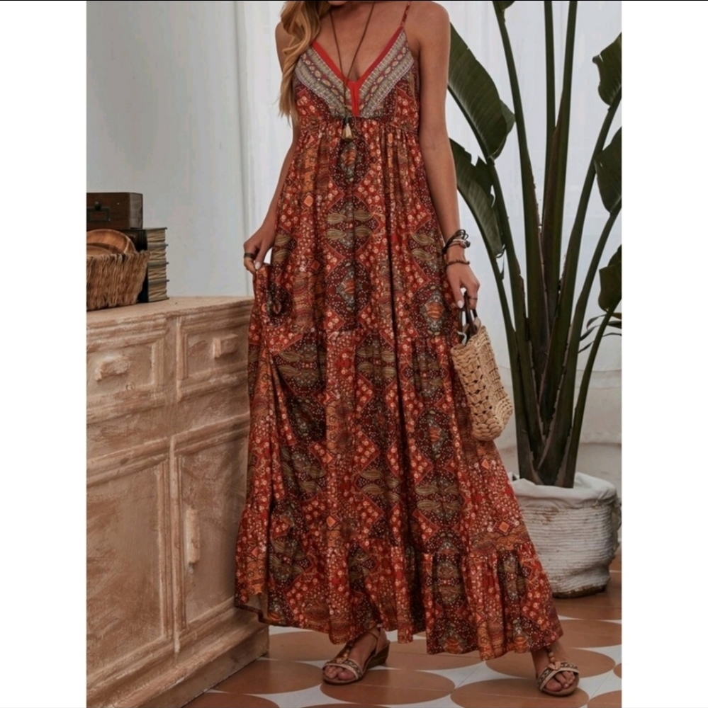 Boho Floral Ruffle Maxi Cami Dress